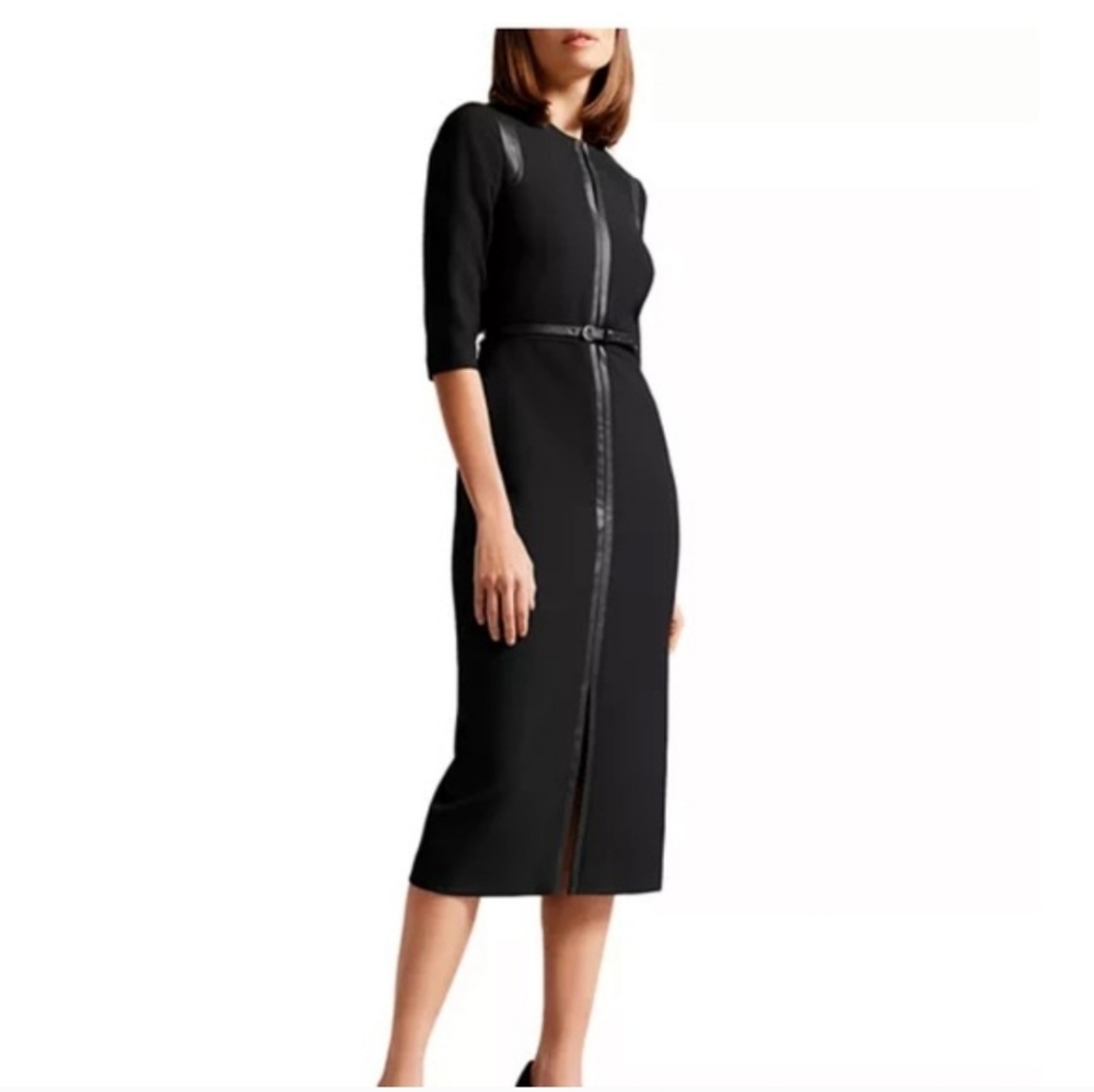Ted Baker Black Midi Pencil Dress-Skirt with Front Zip And Faux Leather Trim